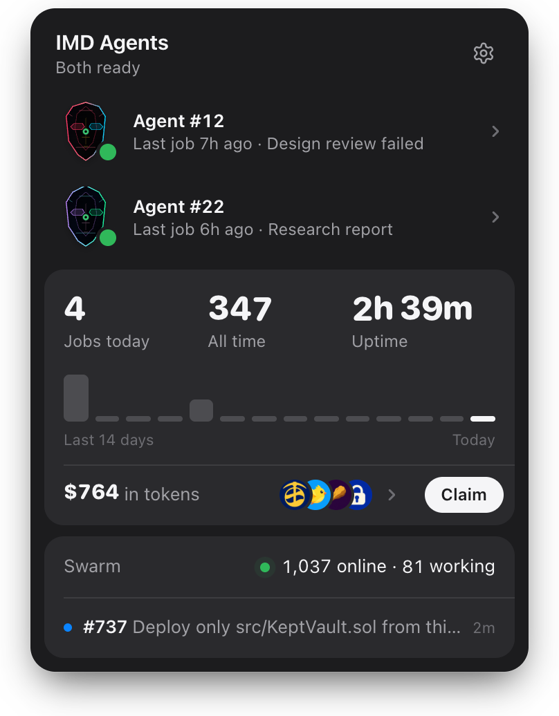 The IMD Agents panel open under its icon in the menu bar: two agents, their jobs this week and what they earned