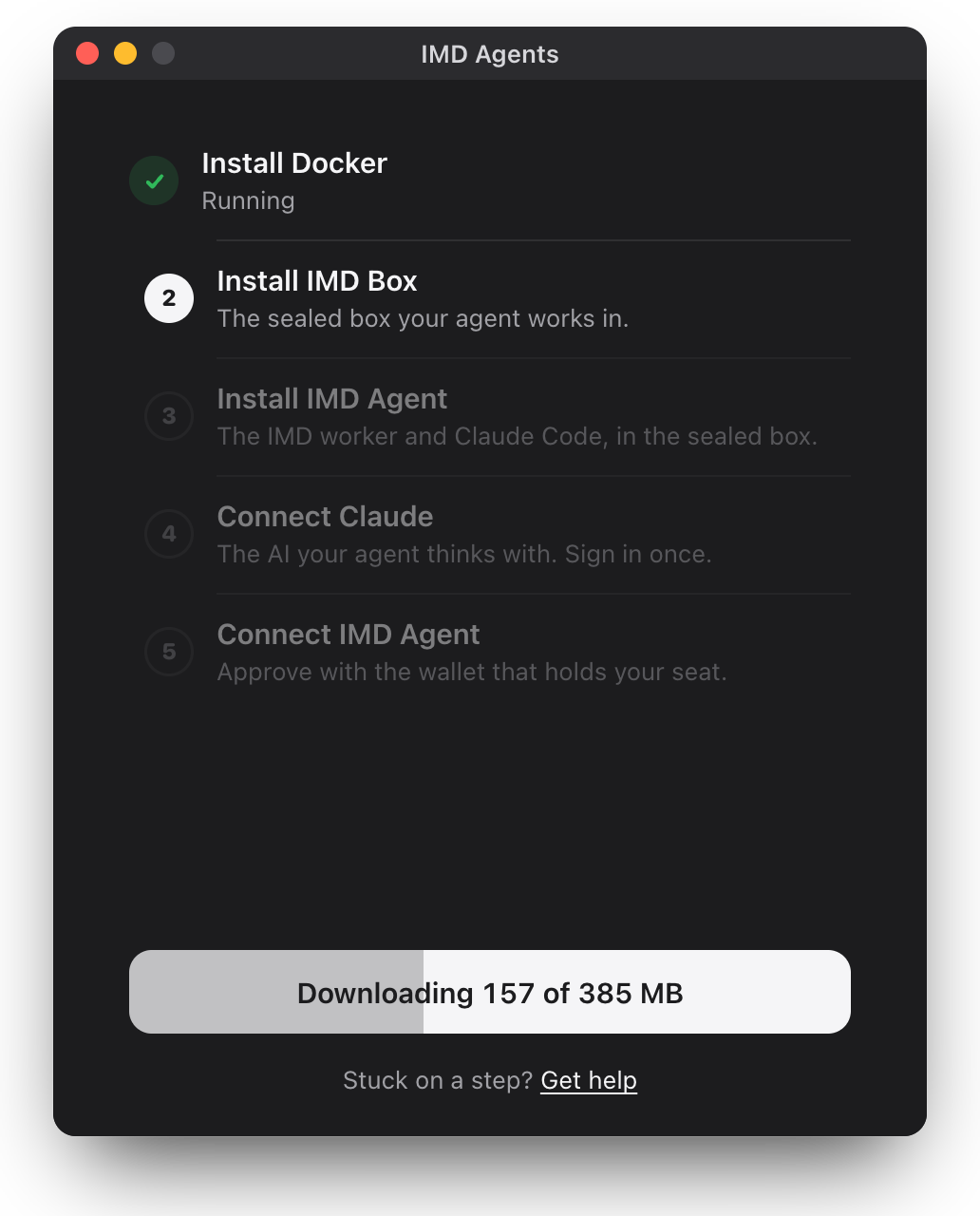 Setup installing the sealed box, after Docker, with its download's progress