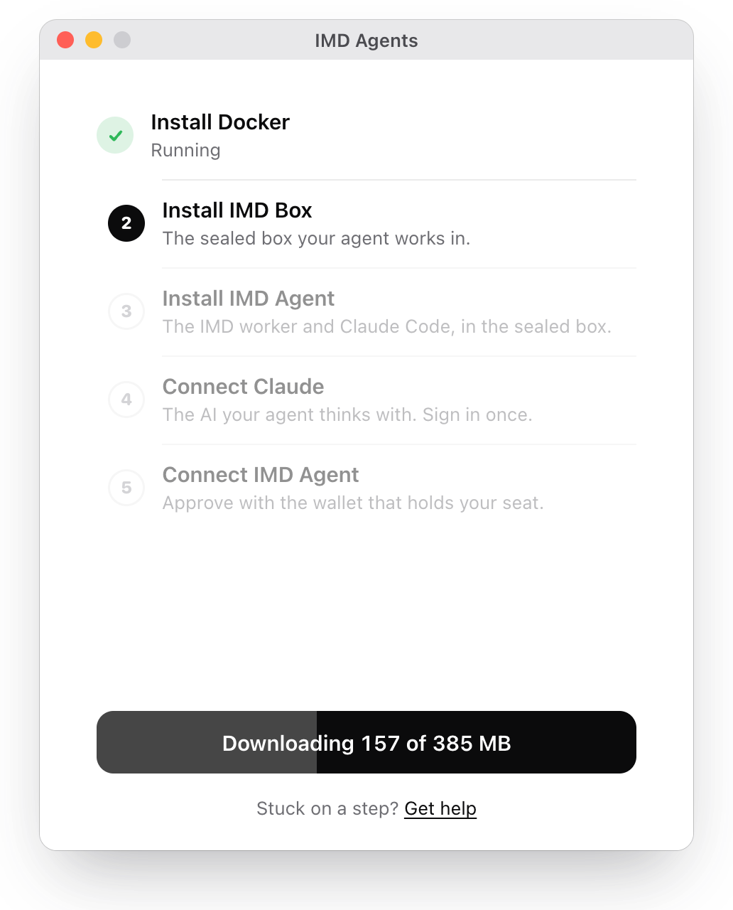 Setup installing the sealed box, after Docker, with its download's progress